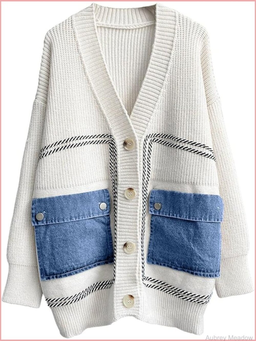 Spliced Denim Pocket Knit Cardigan Button Down Slouchy Stripe Sweater